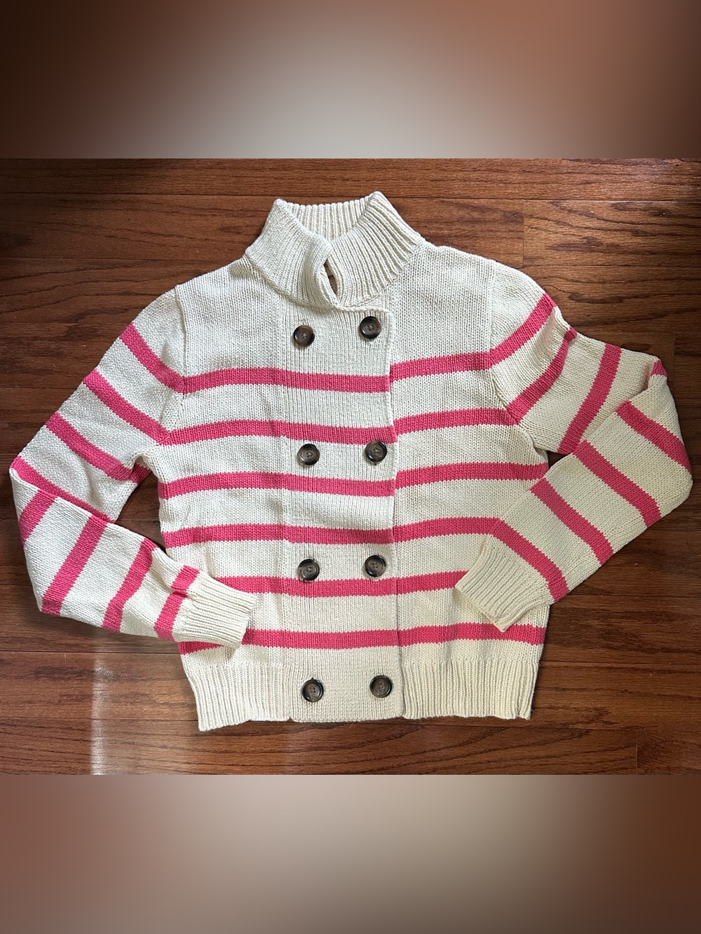 White pink striped cardigan sweater
